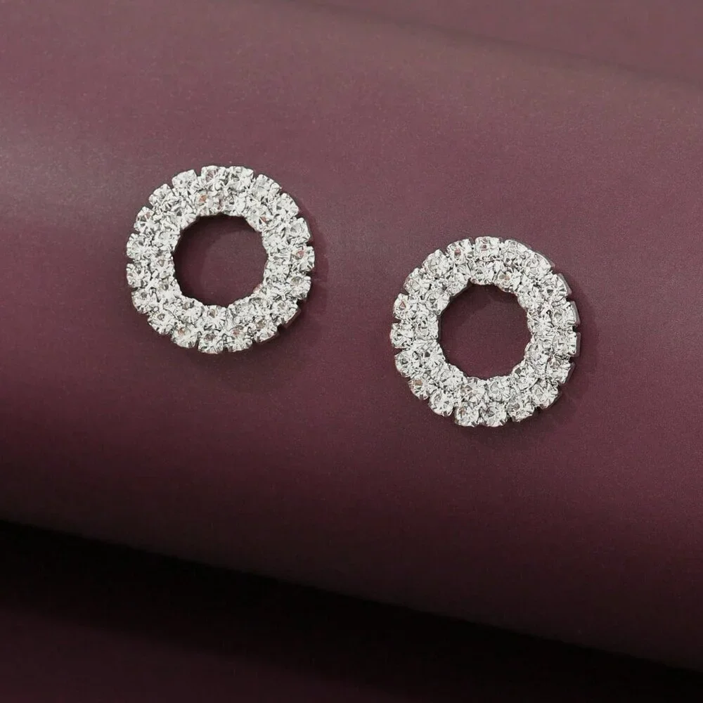 Silver Women's Elegant Geometric Round Rhinestone Stud Earrings